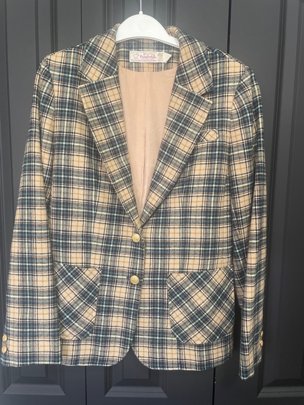 Pendleton Vintage 1970’s Beige and Navy Plaid Wool Blazer